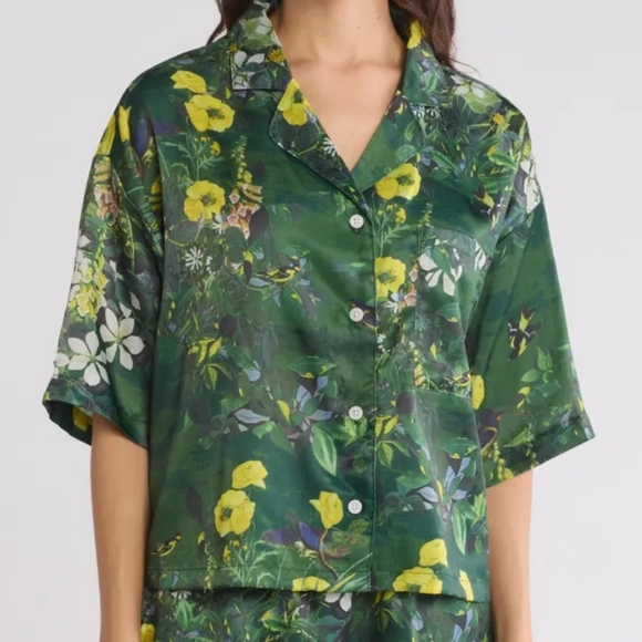 NWT Ted Baker Satin 2 Piece Pajama Set Boxy Green Botanical Birds Size XL - Picture 2 of 16